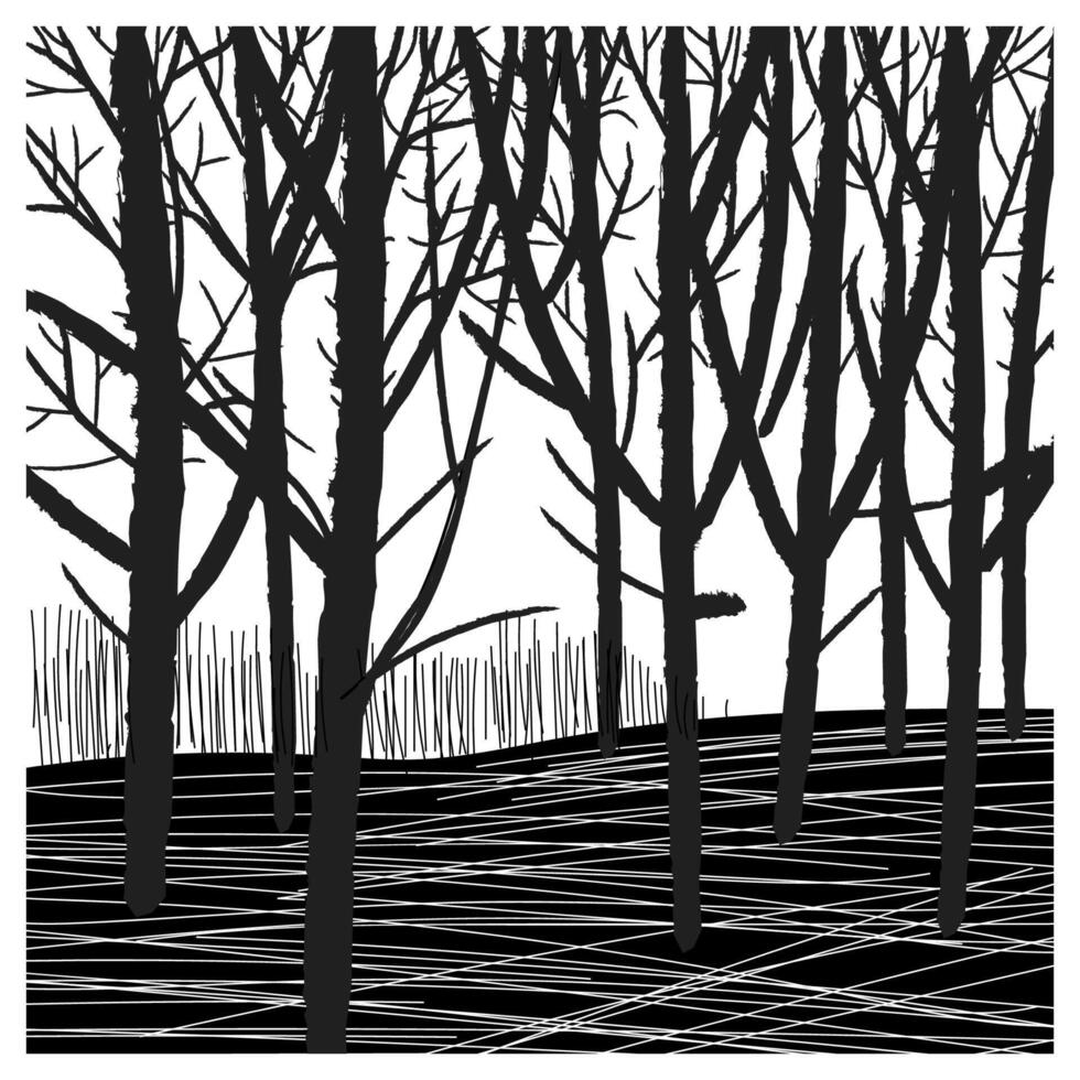 hand drawn trees panoramic landscape, sketch, silhouette, black and