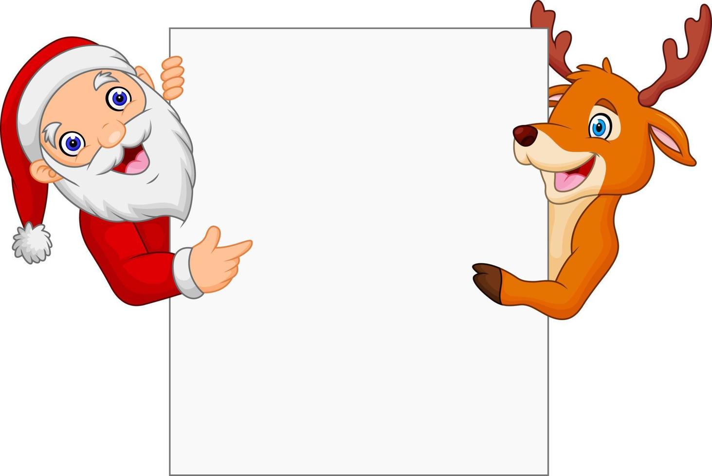 Cartoon Santa Claus and reindeer pointing at blank sign vector