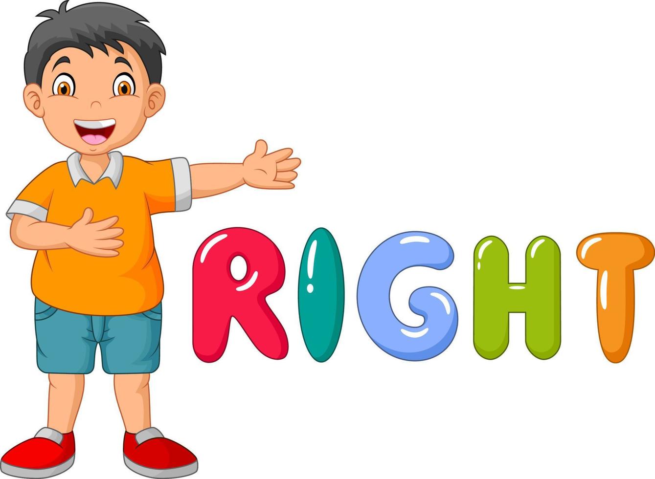 Cartoon little boy pointing to his right with the right word vector