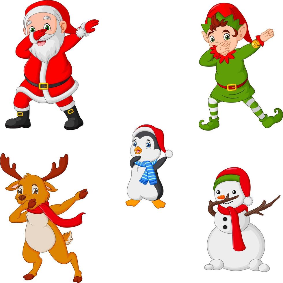Dancing christmas cartoon santa claus, elf, reindeer, penguin and snowman vector