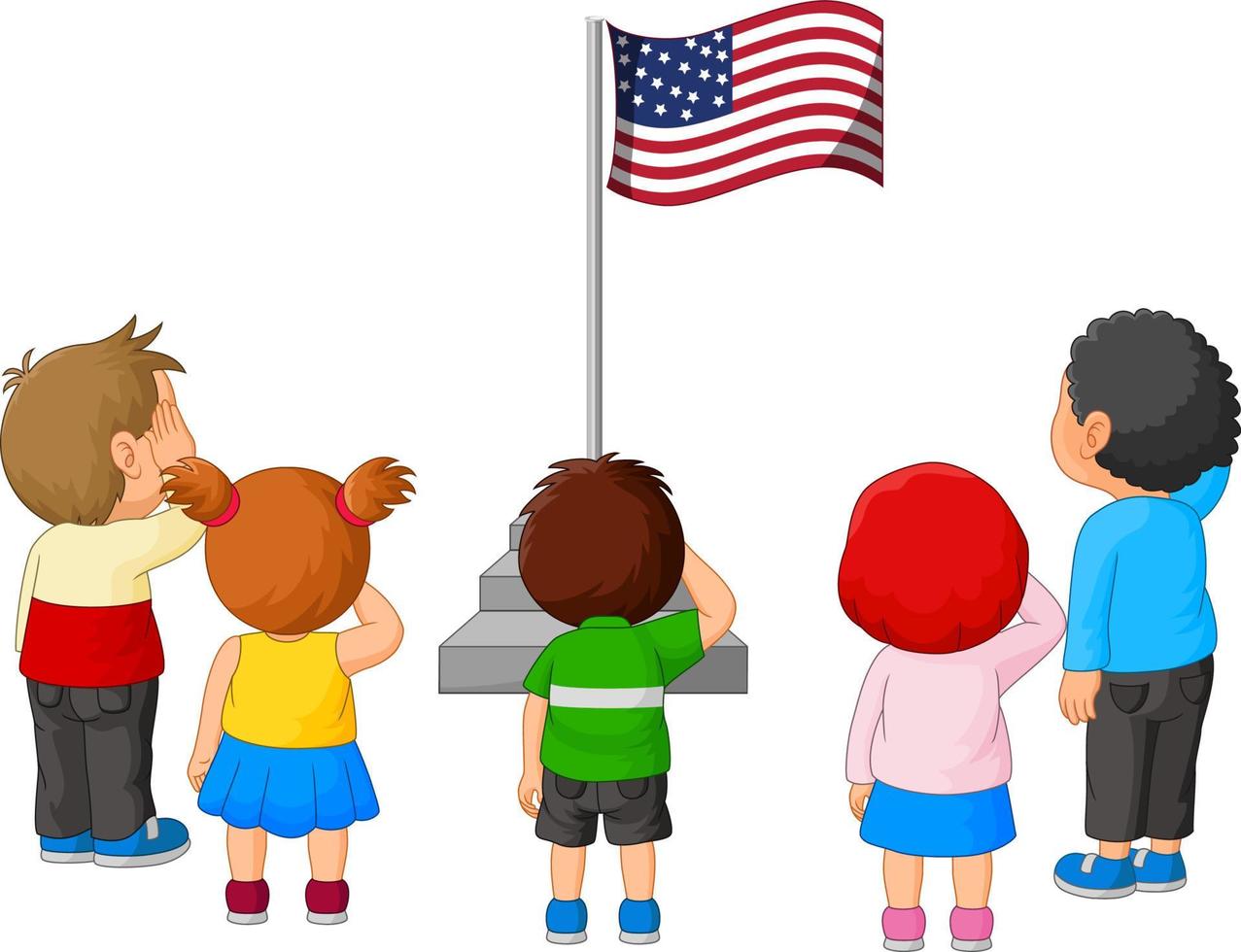 niños de dibujos animados saludando a la bandera americana vector