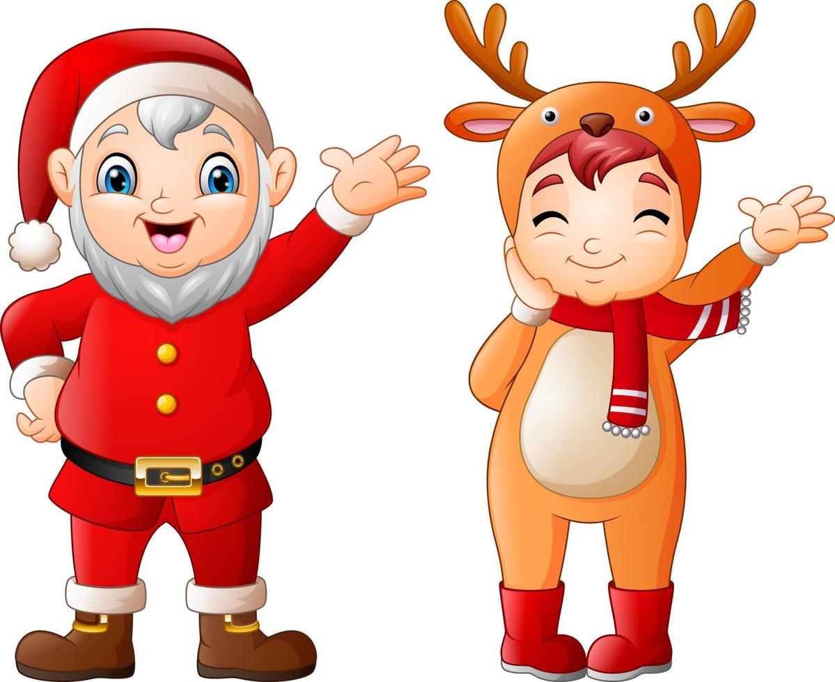 Cartoon santa claus with a girl wearing deer costumes vector