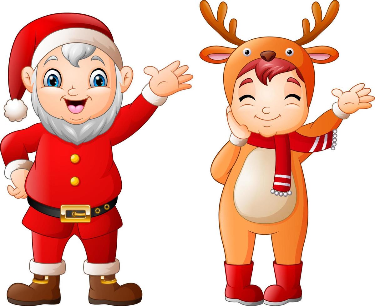 dibujos animados de santa claus con una niña con disfraces de venado vector