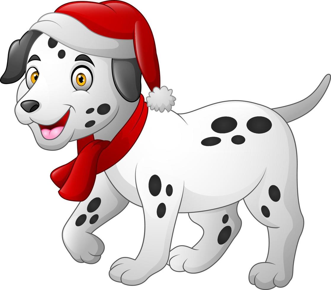 perro de dibujos animados dálmata con un sombrero rojo de santa y una bufanda vector