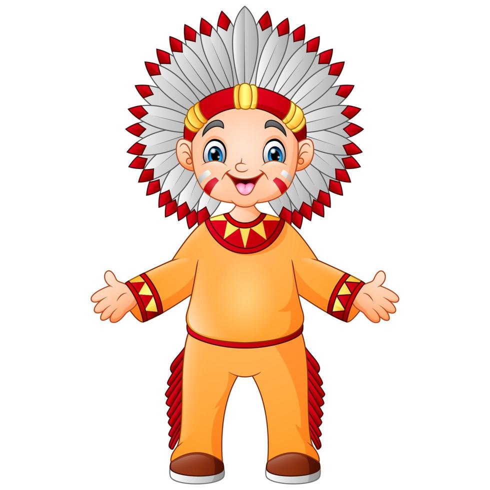 Cartoon boy native american indian with traditional costume vector