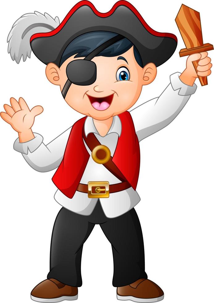 niño pirata de dibujos animados sosteniendo una espada de madera vector