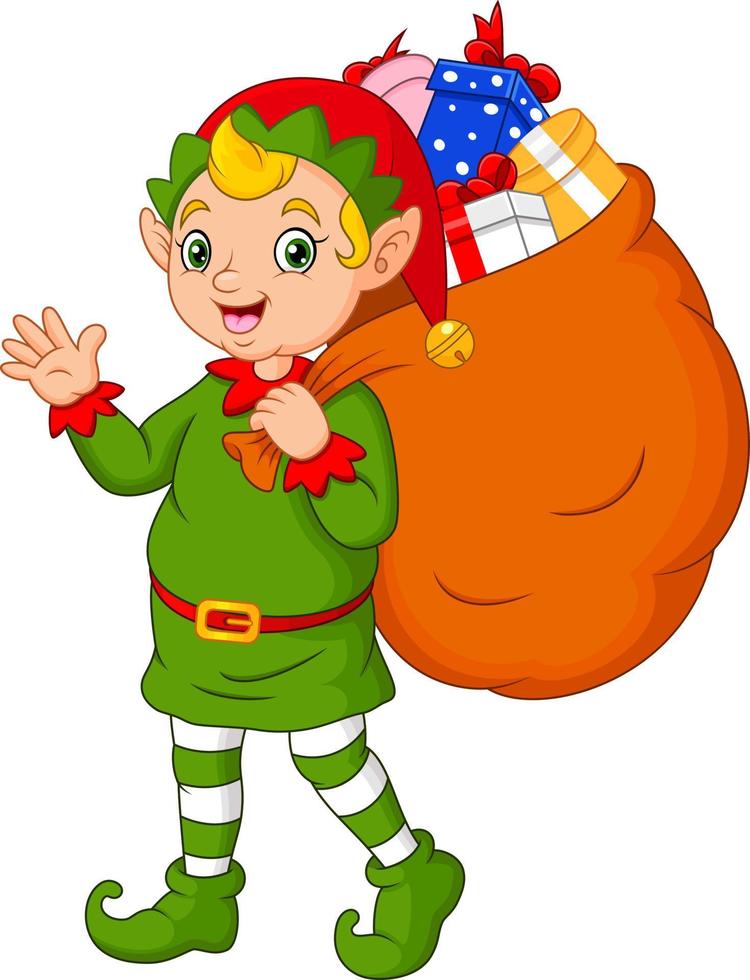 Cartoon Christmas elf carrying a sack of gifts vector