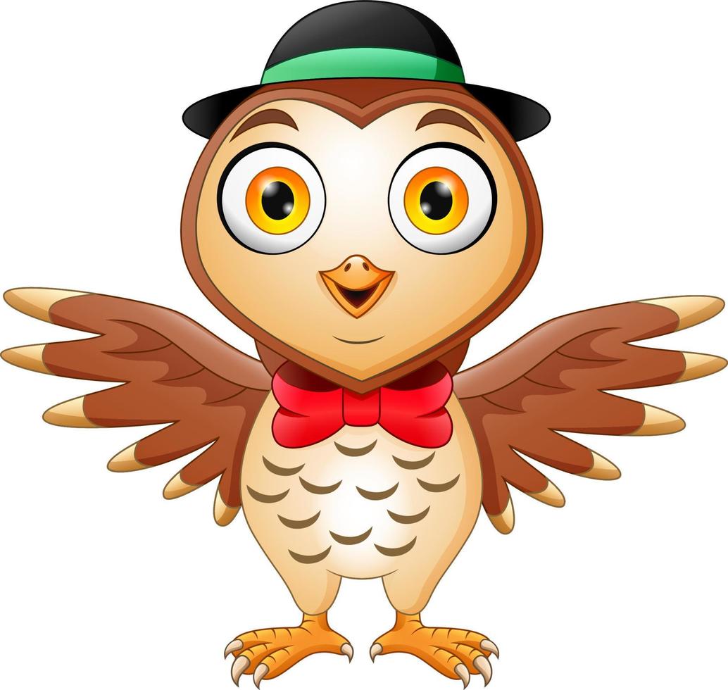 Cute owl cartoon wearing hat and red bow vector