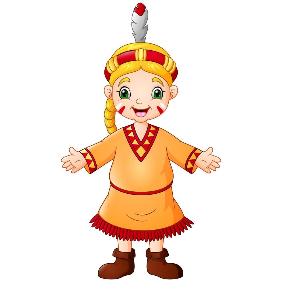 Cartoon girl native american indian with traditional costume vector