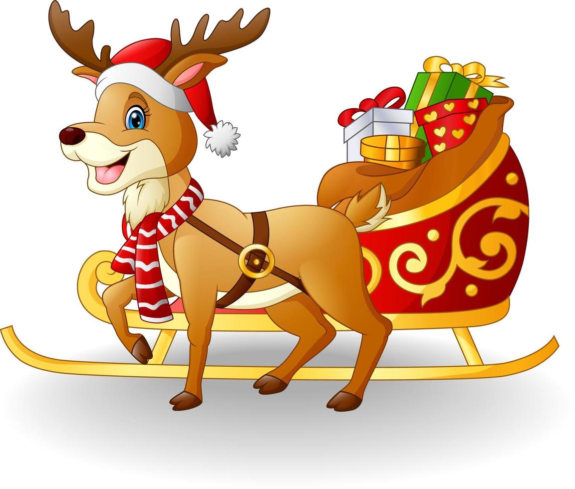 Cartoon reindeer with christmas sled sleigh and presents vector