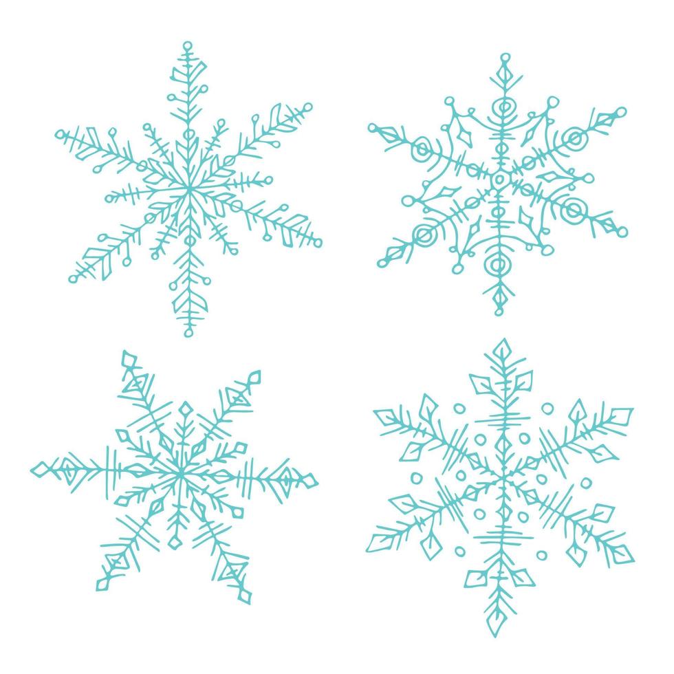 conjunto de lindos copos de nieve dibujados a mano. navidad y año nuevo doodle clipart vector