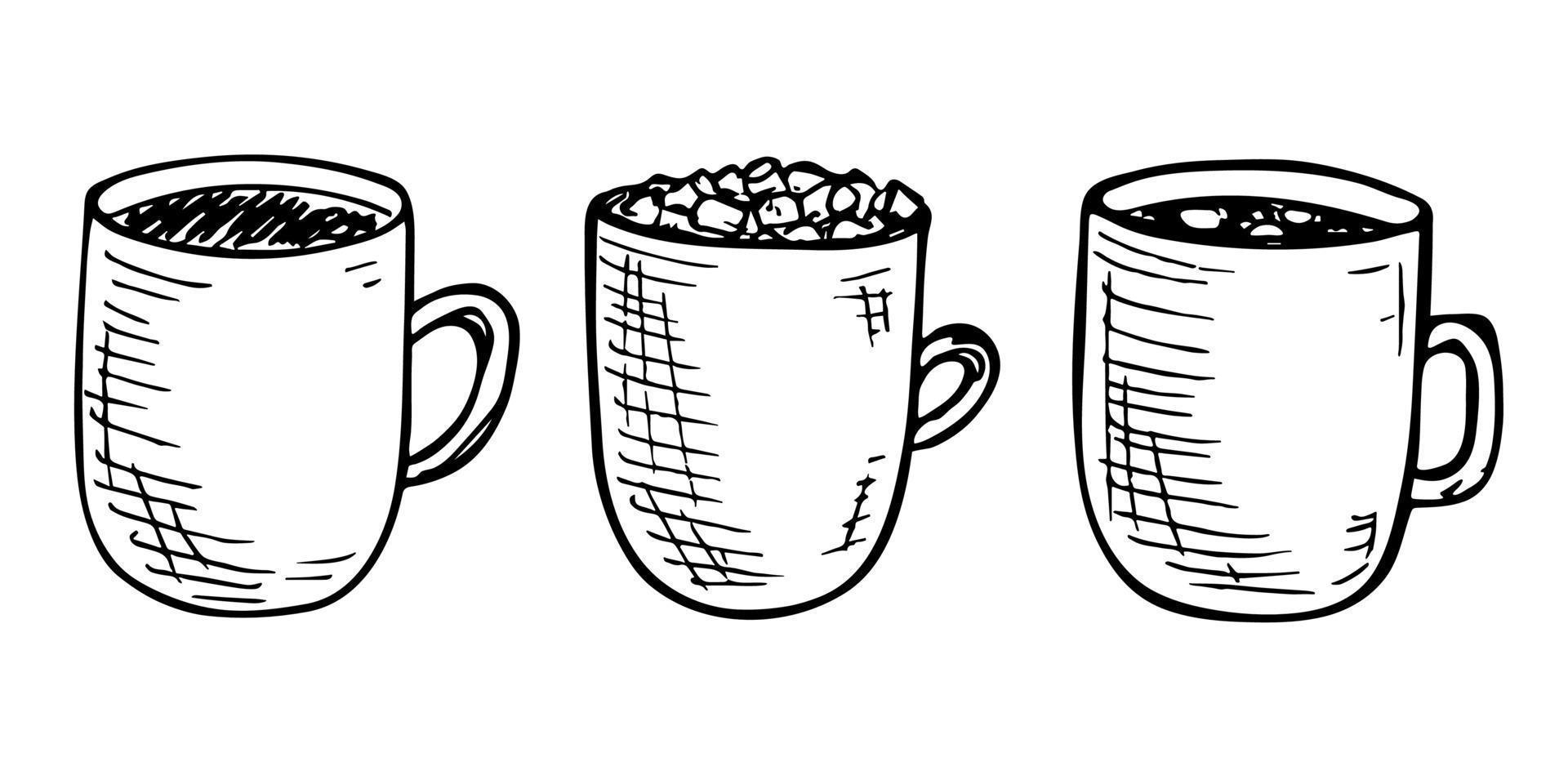 linda taza de té y café ilustración. imágenes prediseñadas de taza simple. acogedor conjunto de garabatos para el hogar vector