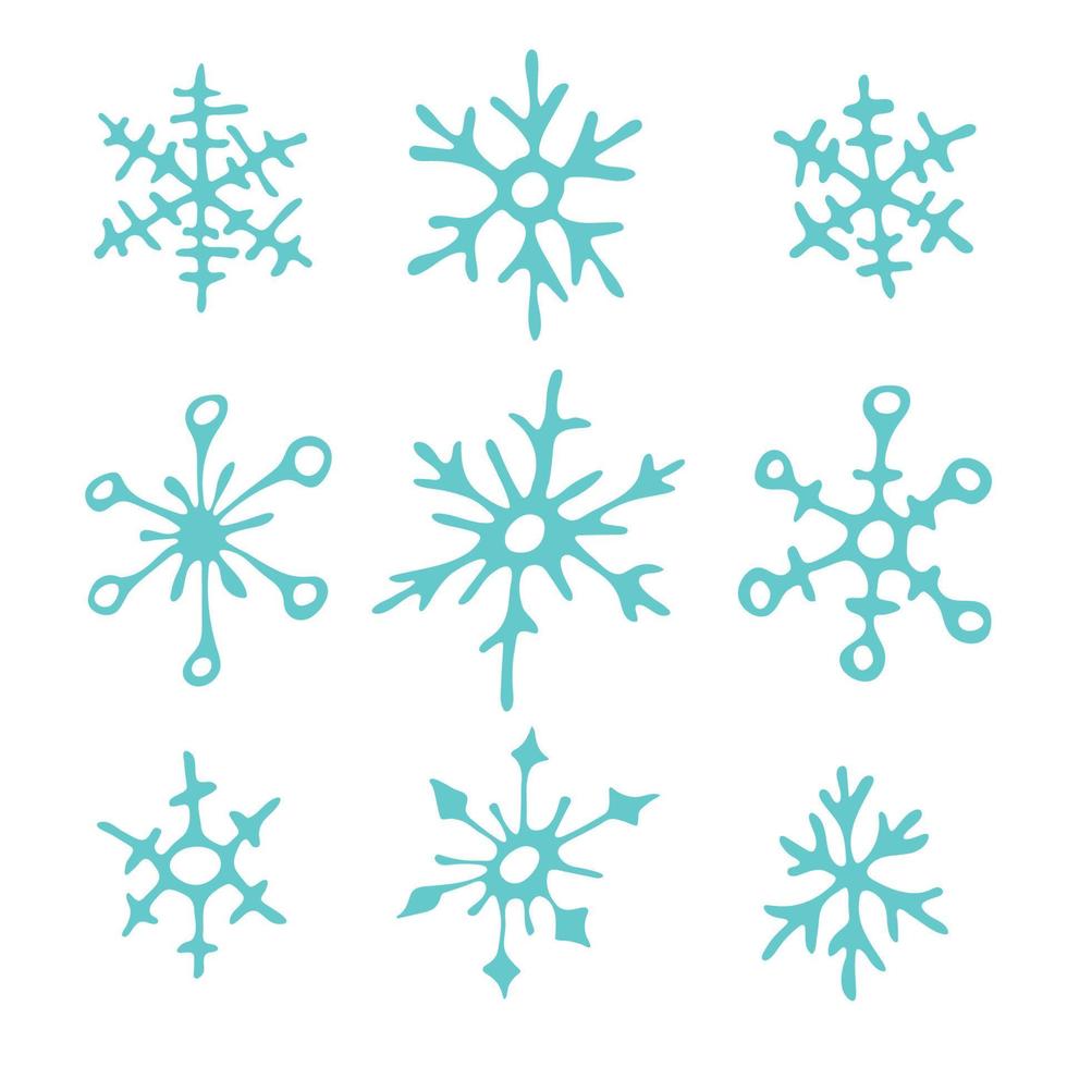 conjunto de lindos copos de nieve dibujados a mano. navidad y año nuevo doodle clipart vector