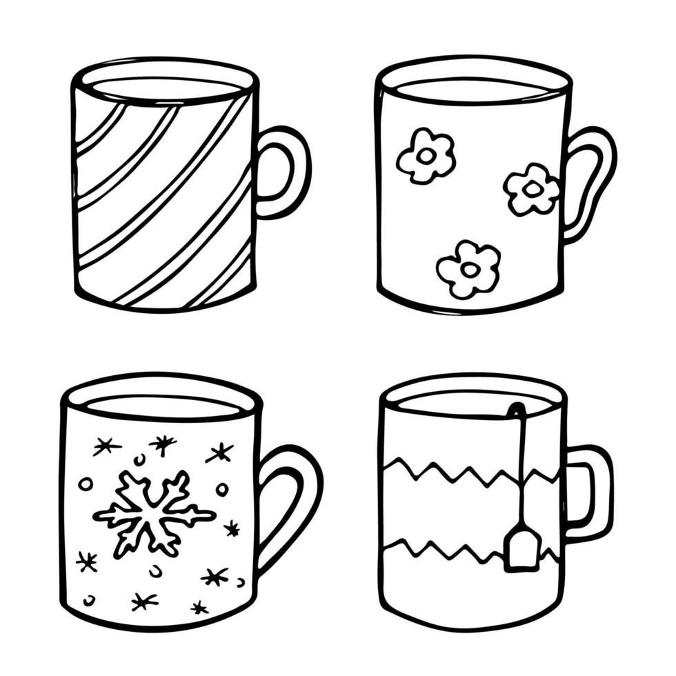 linda taza de té y café ilustración. imágenes prediseñadas de taza simple. acogedor conjunto de garabatos para el hogar vector