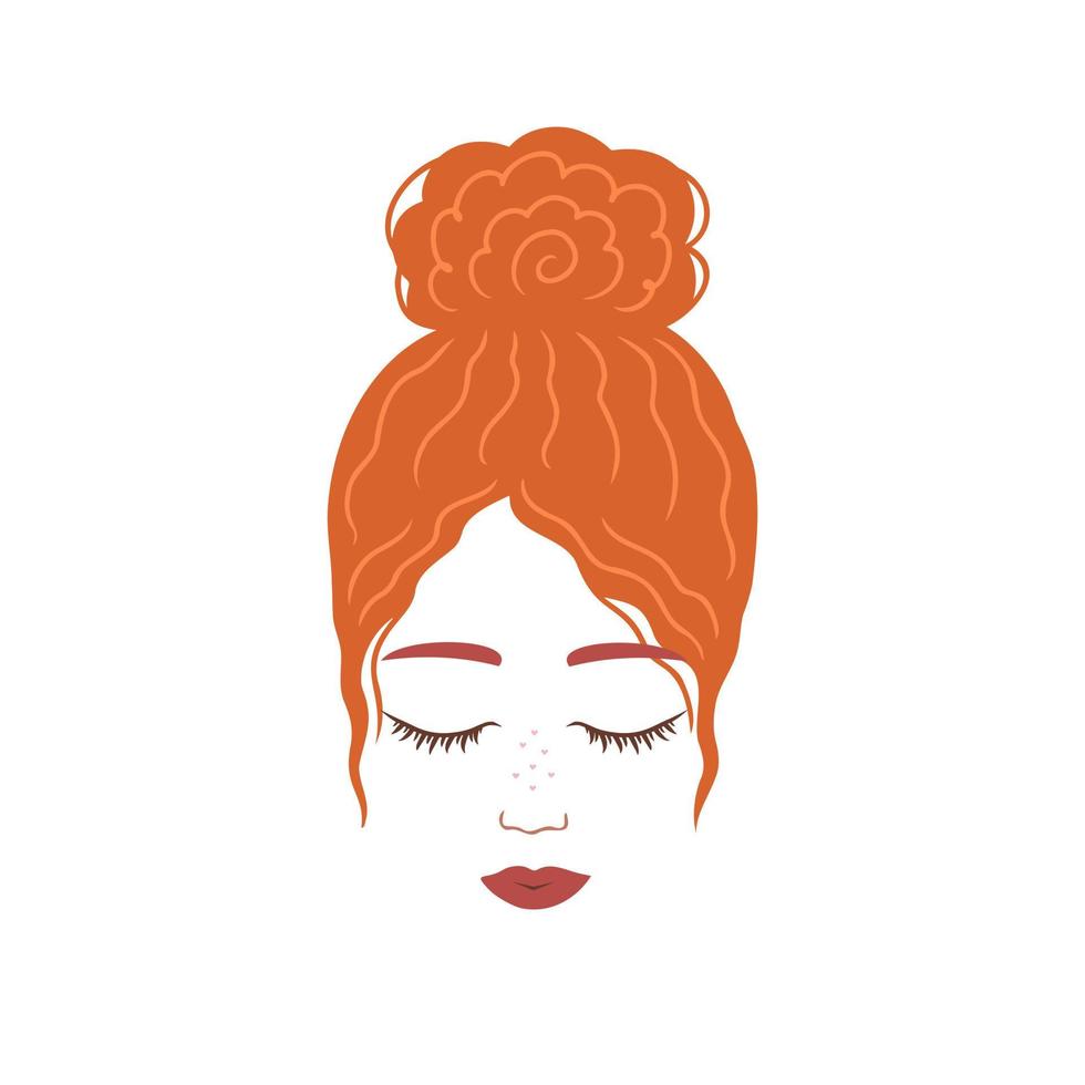 Red curly hair bun. Beautiful girl with freckles. Illustration for backgrounds, covers and packaging. Image can be used for greeting cards, posters and textile. Isolated on white background. vector