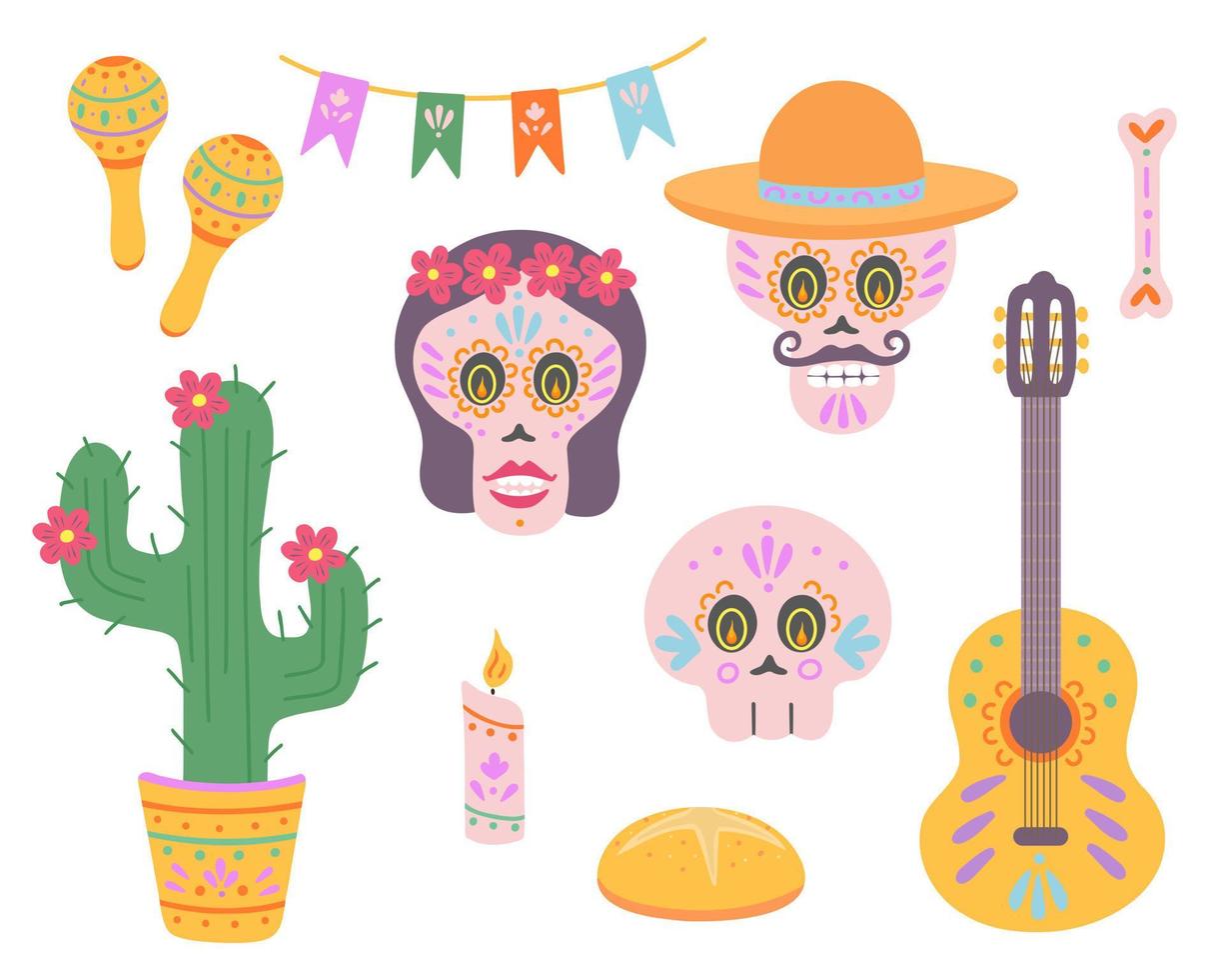 el dia muerto. conjunto de vacaciones mexicanas que incluyen calaveras, sombrero, instrumentos musicales. ilustración para impresión, fondos, cubiertas y embalaje. aislado sobre fondo blanco. vector