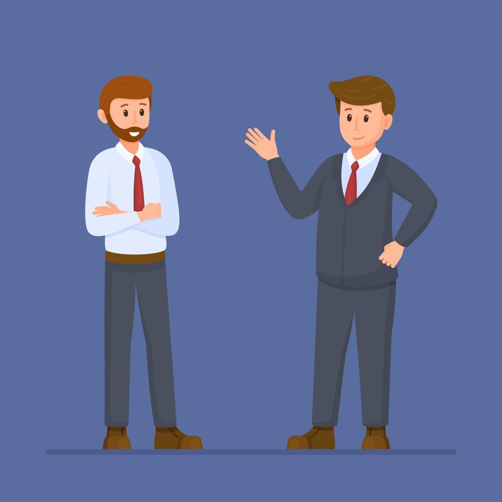 Vector illustration of businessmens. Two men standing isolated against a blue background. Character.