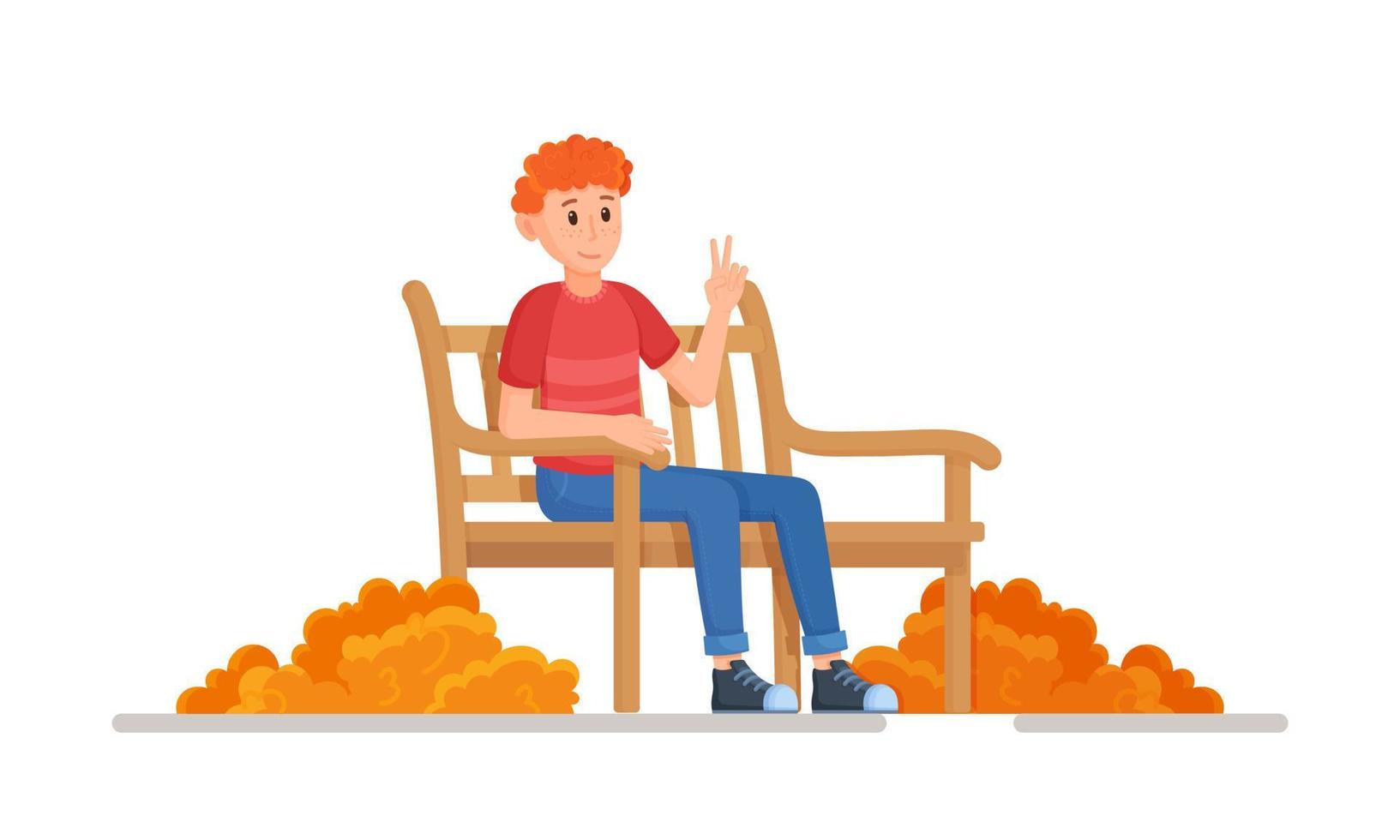 Vector illustration of a character sitting on a bench in the fall. Concept of a young guy relaxing during an autumn leaf fall.