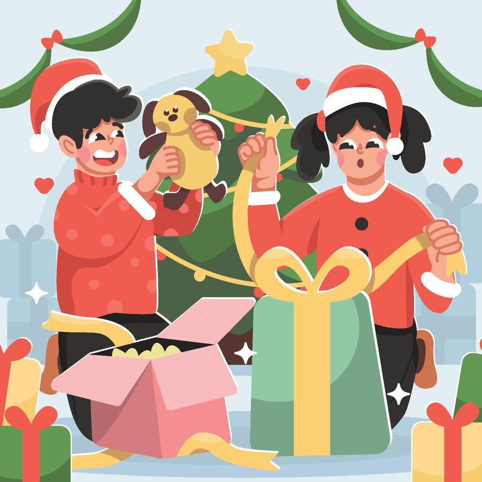 Kids Unboxing Christmas Gifts vector