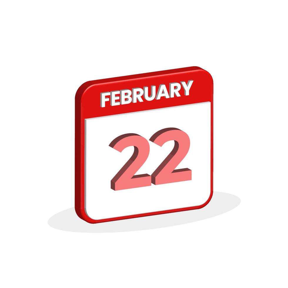 22nd February calendar 3D icon. 3D February 22 calendar Date, Month icon vector illustrator