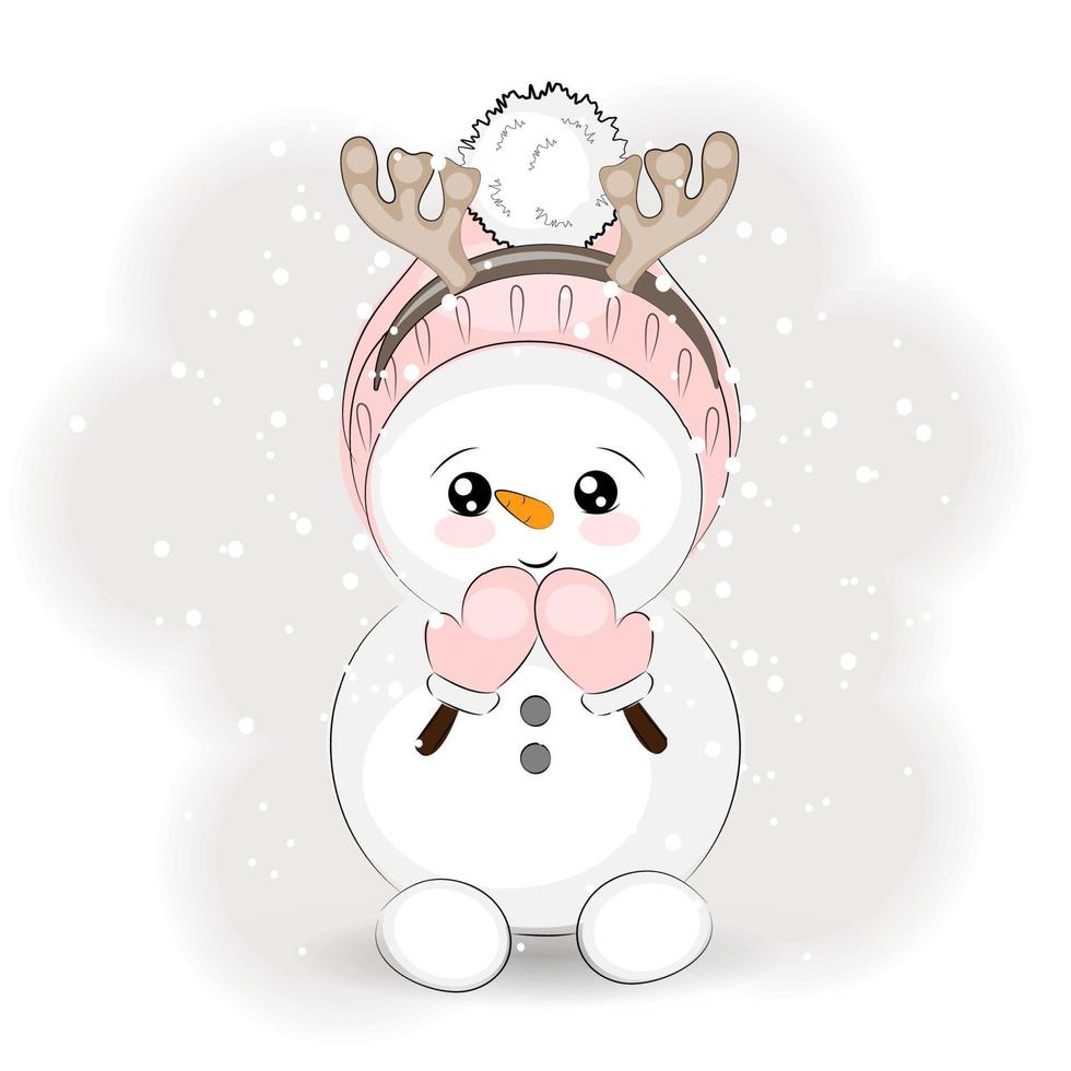 Cute Christmas snowman with reindeer antlers, vector illustration