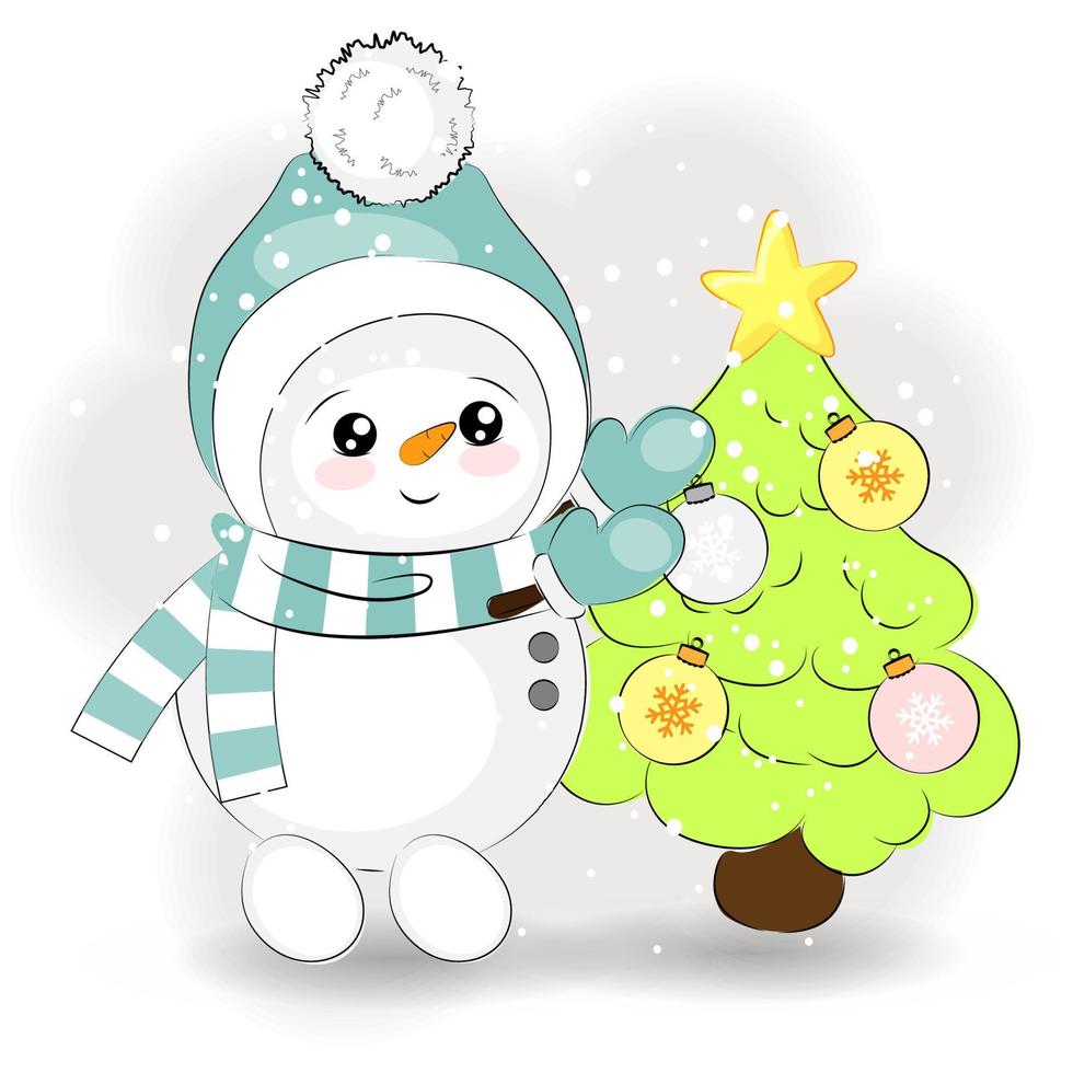 Christmas cute snowman decorates the Christmas tree, vector illustration