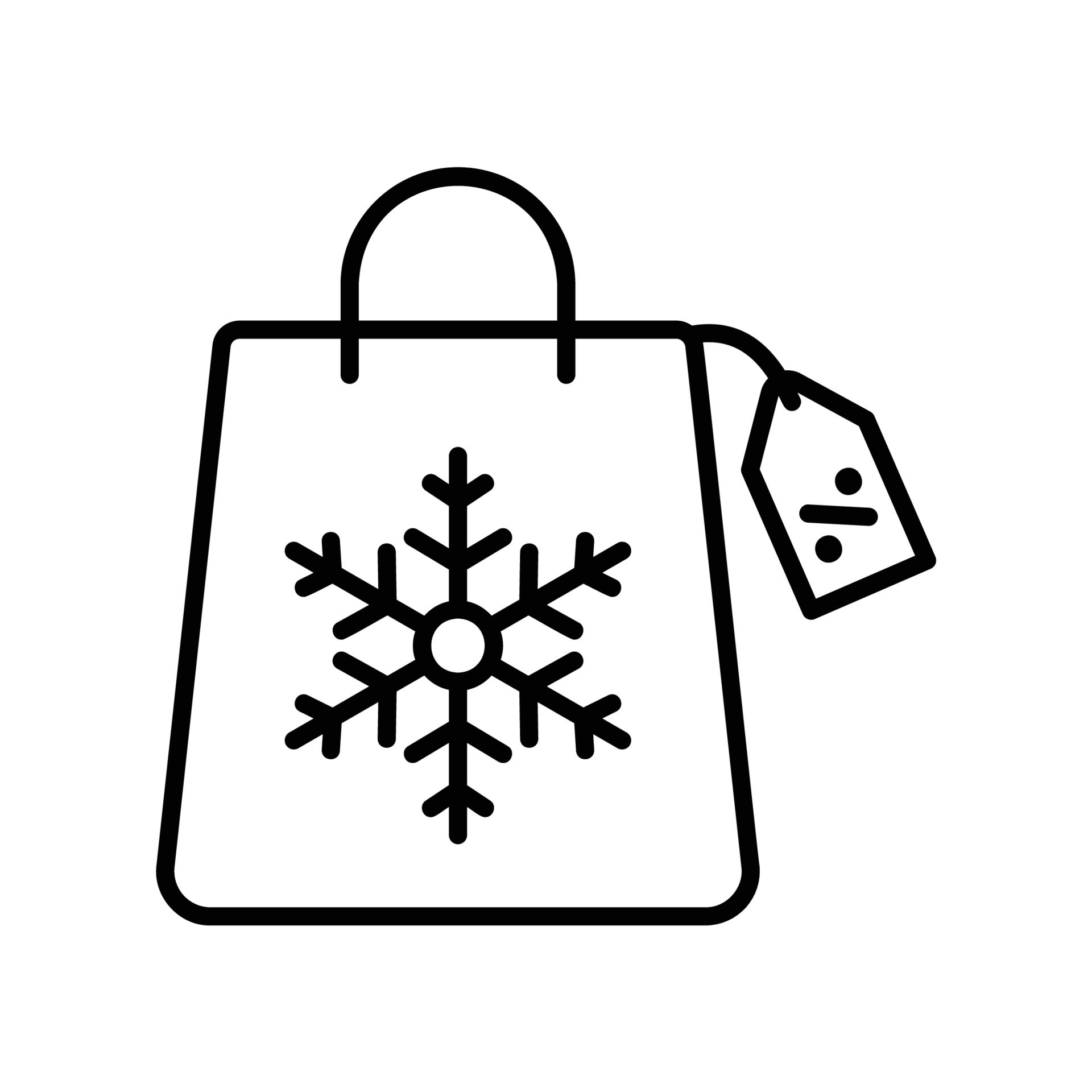 Winter discount sale icon with shopping bag snowflake and price