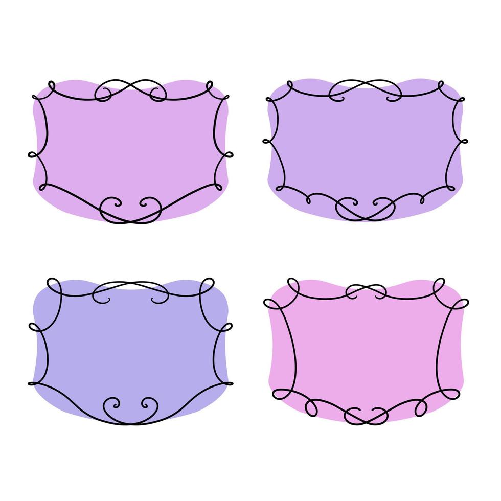 A set of symmetrical rectangular frames with curlicues on a lilac background, hand-drawn with a single line, copy space, vector illustration