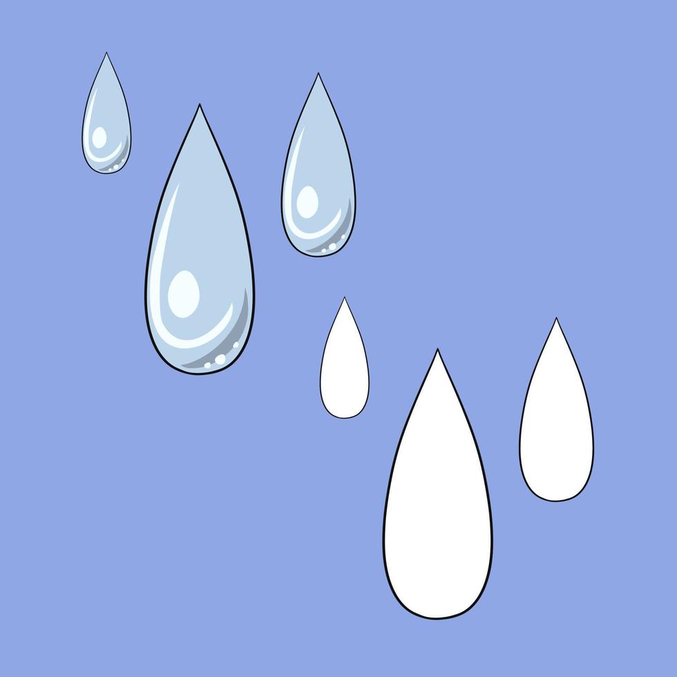 A set of images, large elongated water droplets, splashes, vector illustration in cartoon style on a colored background