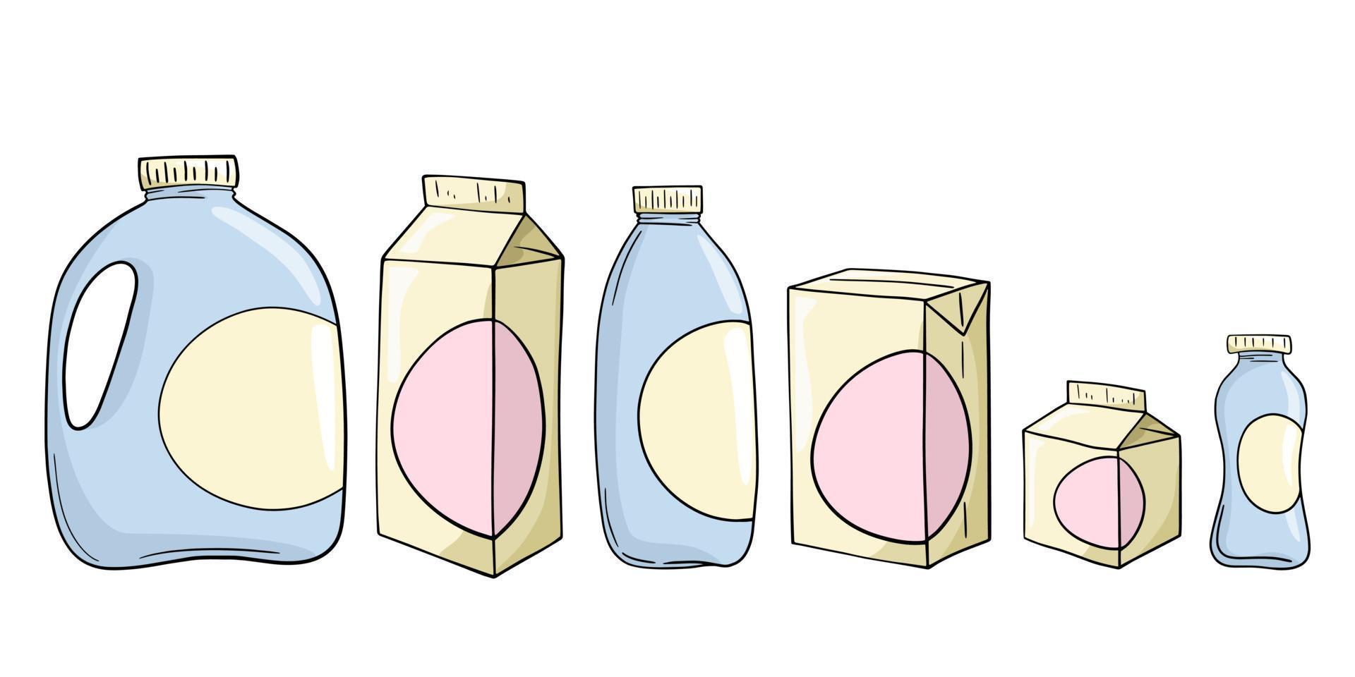 un conjunto de iconos de colores, varios recipientes de plástico ligero con leche y jugo, ilustración vectorial en estilo de dibujos animados sobre un fondo blanco vector