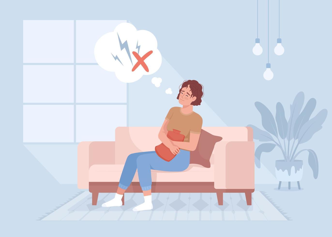 Lady happy about menstrual pain relieving flat color vector illustration. Women health. Premenstrual syndrome. Fully editable 2D simple cartoon character with living room on background