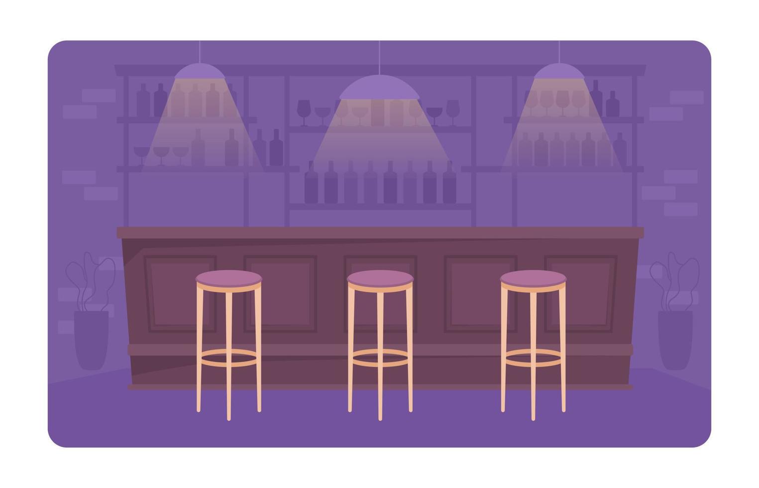 Bar arrangement 2D vector isolated illustration. Serving alcoholic beverages. Pub flat interior on cartoon background. Nightclub colourful editable scene for mobile, website, presentation