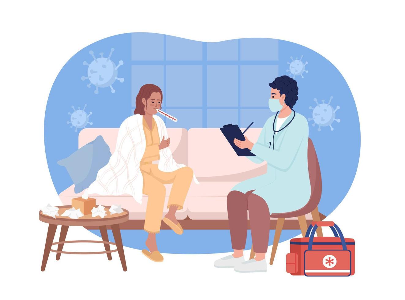 Emergency doctor examining ill woman 2D vector isolated illustration. Healthcare flat characters on cartoon background. Infectious disease colourful editable scene for mobile, website, presentation