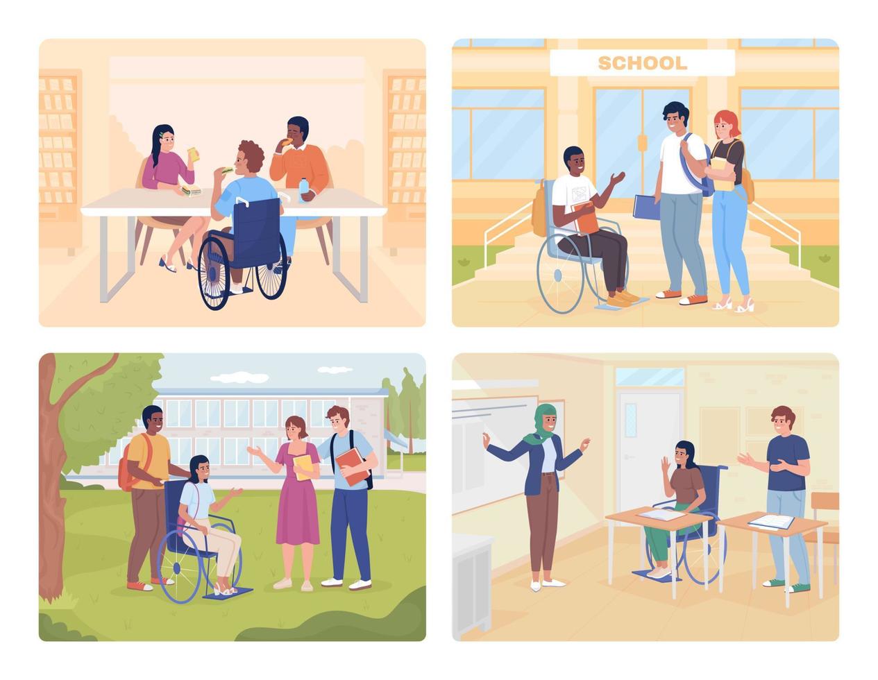 High school equity 2D vector isolated illustration set. Inclusion flat characters on cartoon background. Colourful editable scenes collection for mobile, website, presentation