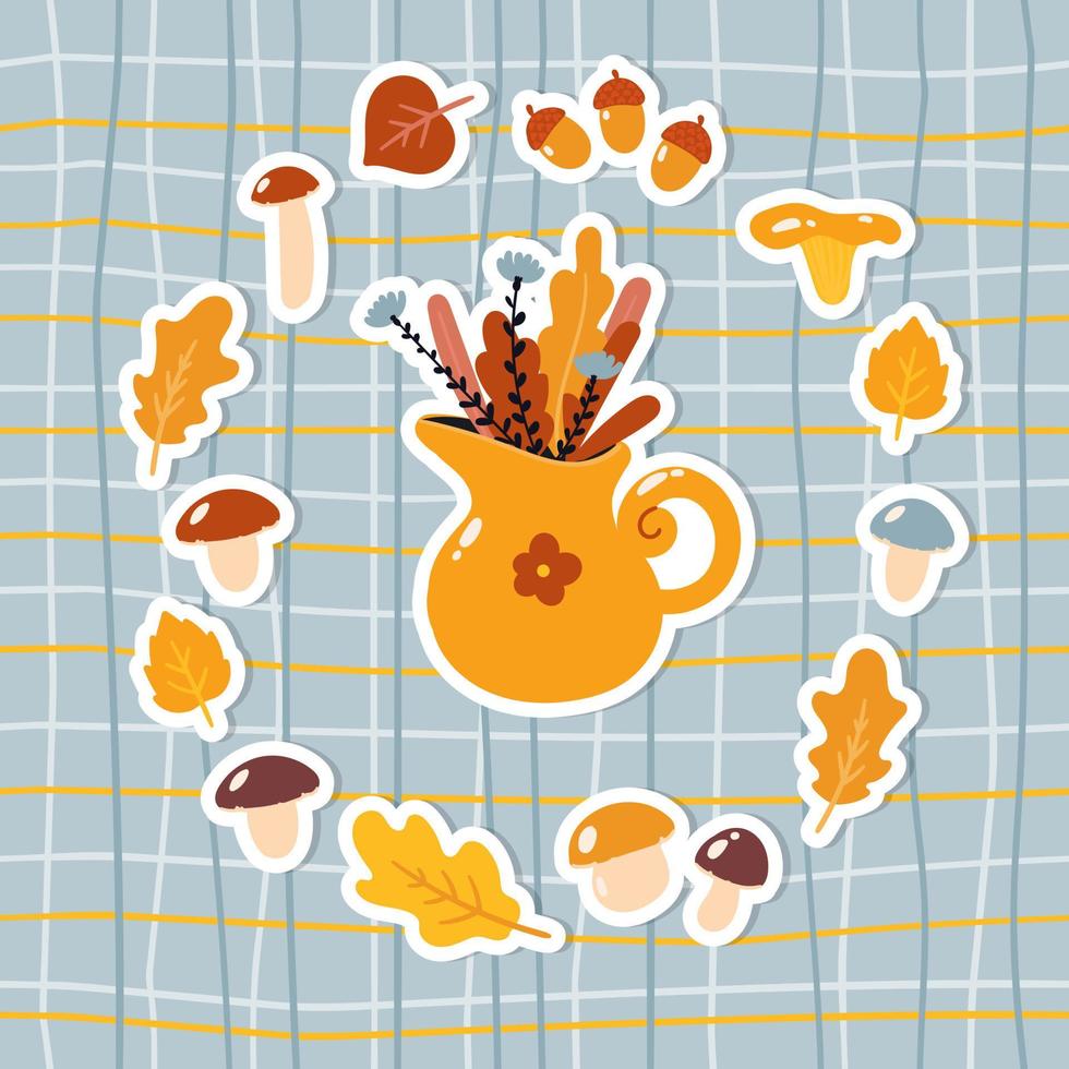 Pattern of autumn stickers. A vase of flowers in a circle of mushrooms and leaves. Design for scrapbooking vector