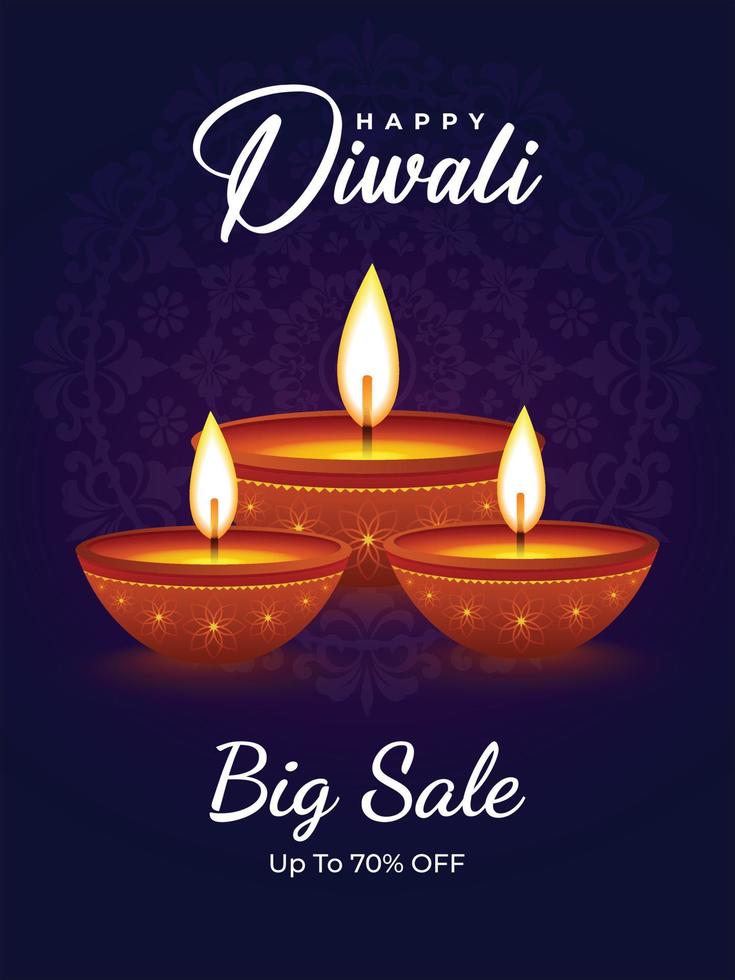 feliz festival de diwali diseño de banner de póster de redes sociales con diya vector