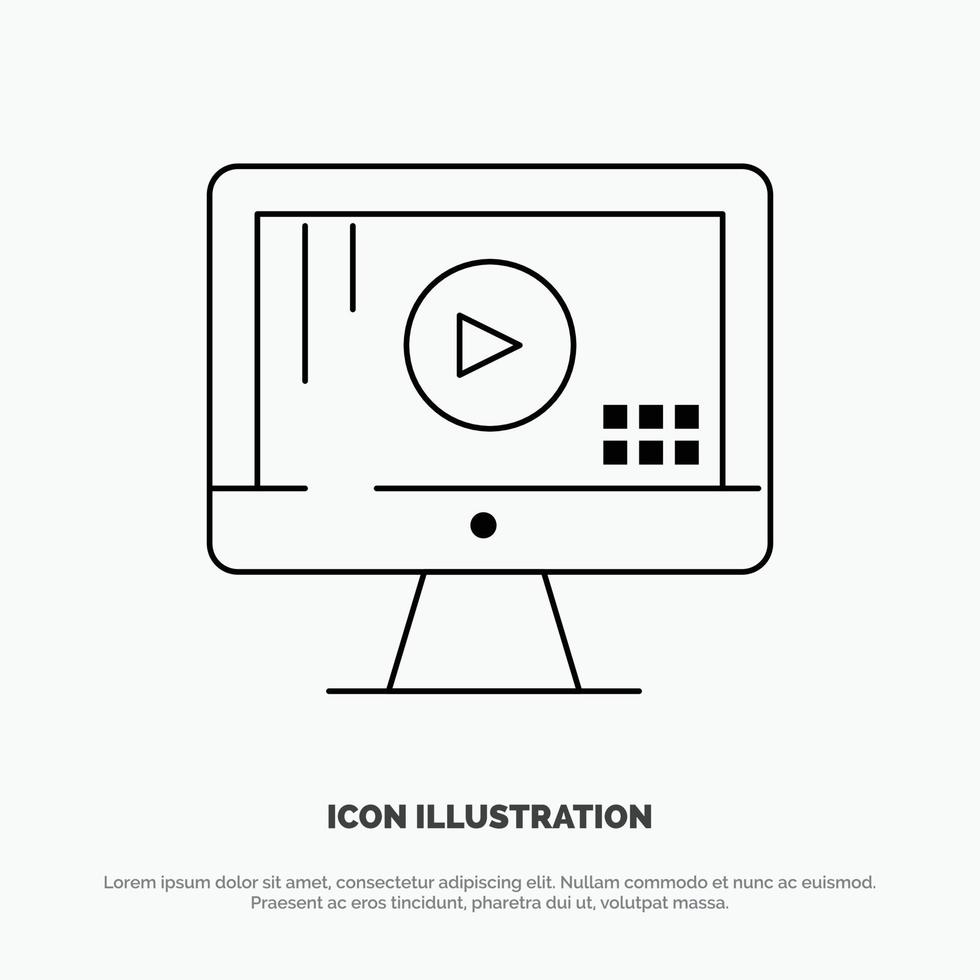 monitor de computadora reproducir música vector línea icono