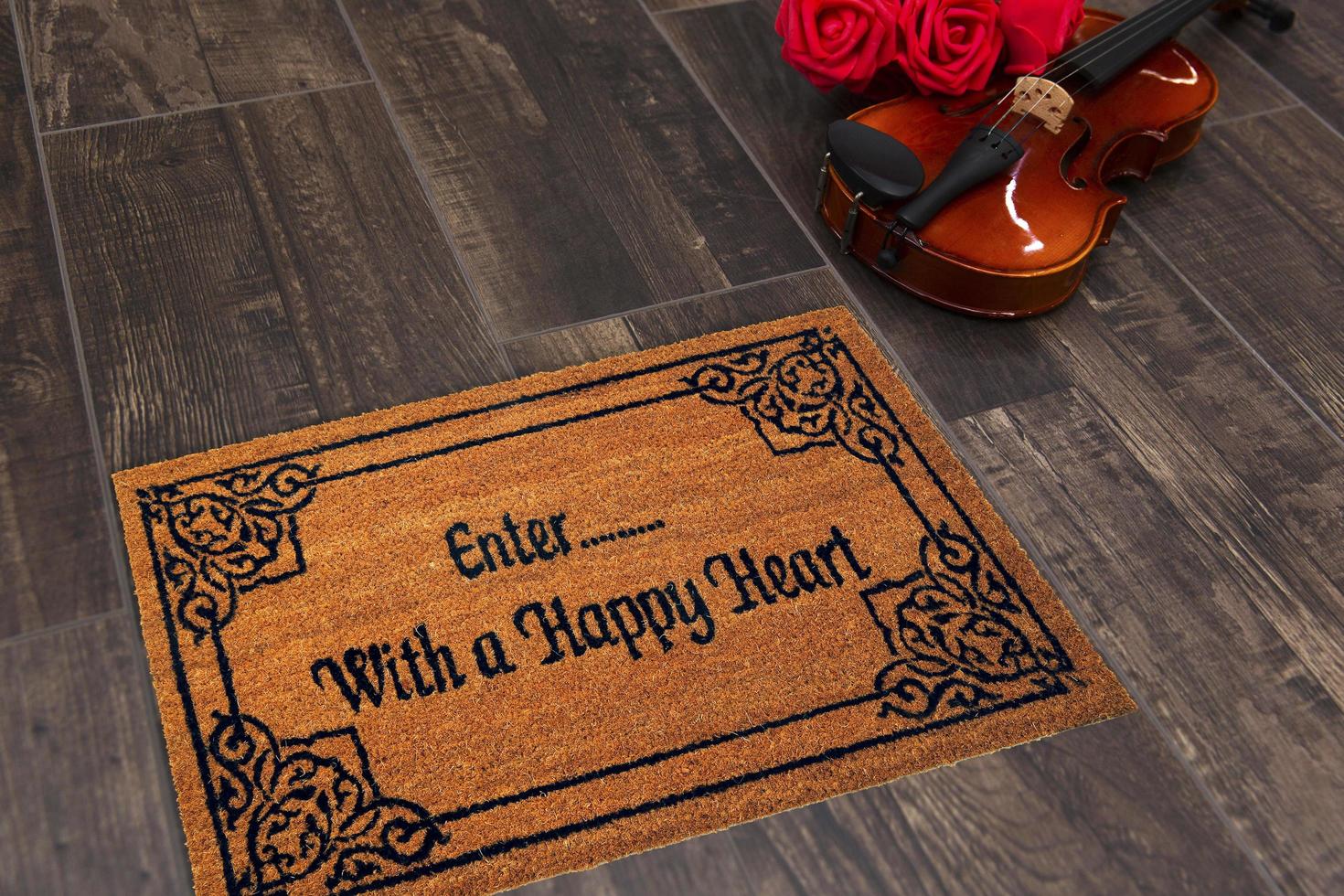 New Delhi, Delhi, IN, 2022 - Colorful Motif design Welcome zute doormat with Enter with a happy heart Text placed with Guitar and Red Roses photo