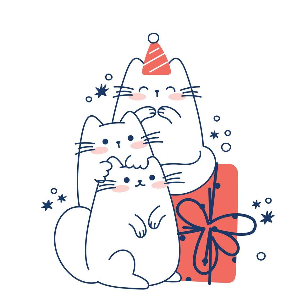 dibujar gatos divertidos con caja de regalo para navidad e invierno ilustración vectorial colección de personajes gato divertido para navidad y año nuevo. estilo de dibujos animados de fideos. vector