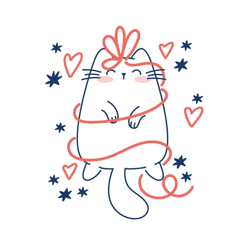 Draw funny the cat got tangled up in the holiday ribbon  for christmas and winter vector illustration character collection funny cat for Christmas and New year. Doodle cartoon style.