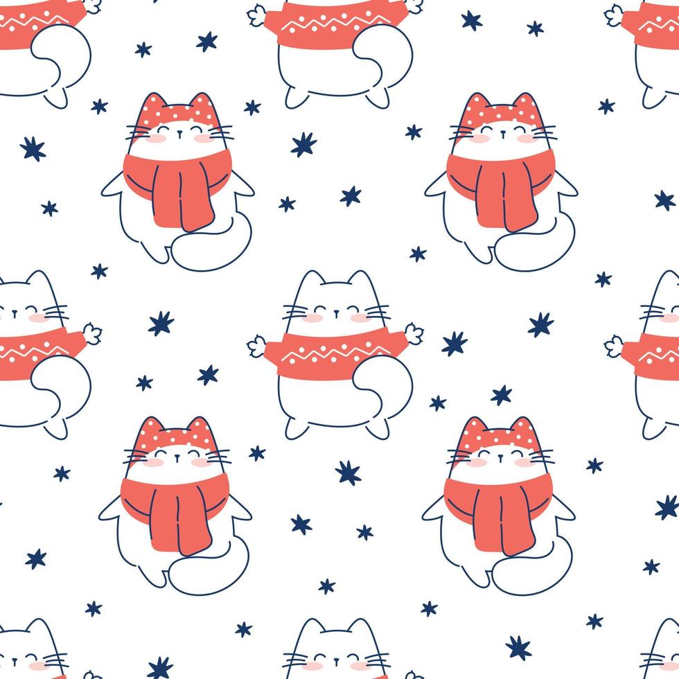 Draw seamless pattern with cute cats  on white background for christmas and winter and New year Doodle cartoon style vector