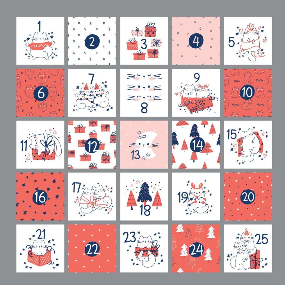 Draw funny advent calendar with cats for christmas and winter vector illustration character collection funny cats for Christmas and New year. Doodle cartoon style.