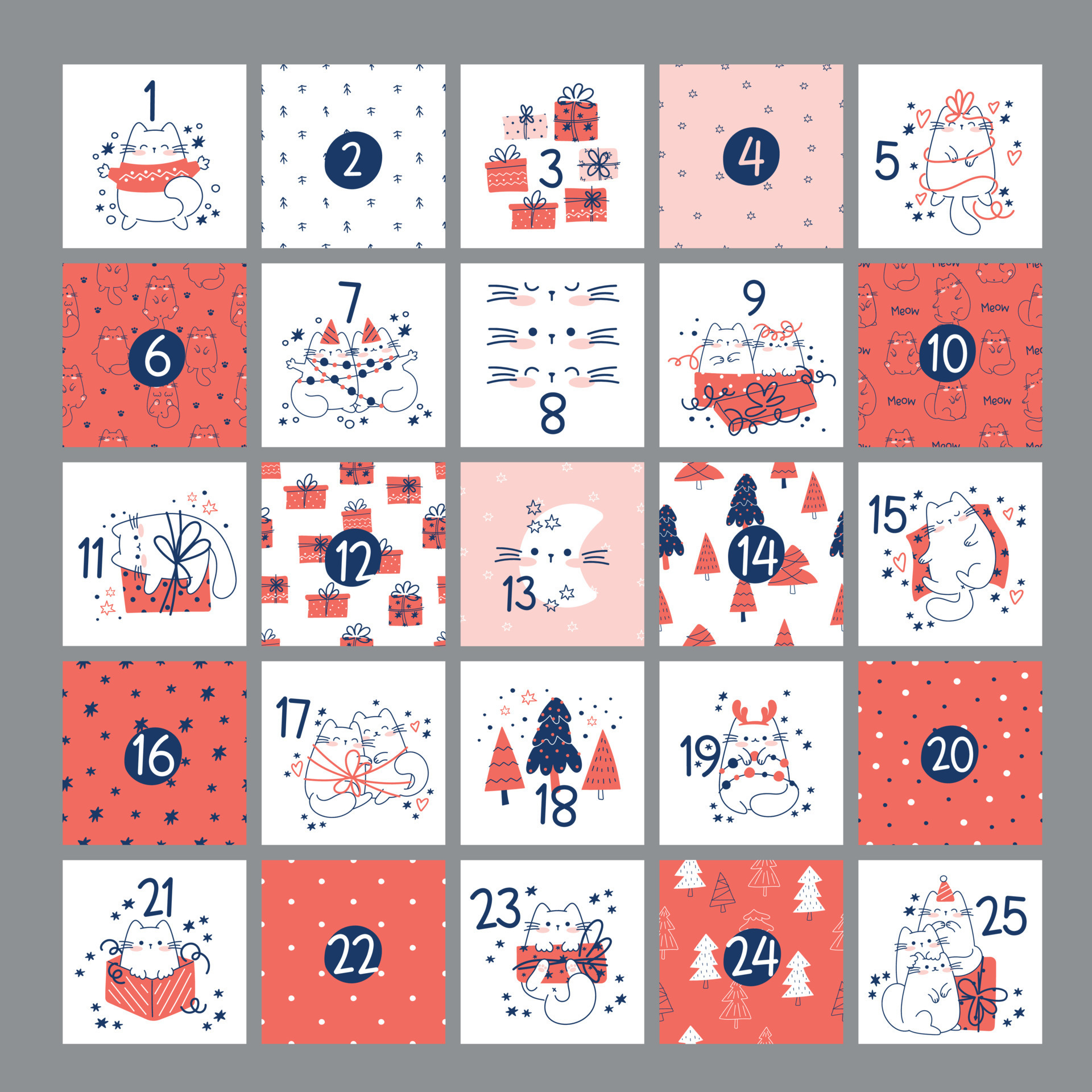 Draw funny advent calendar with cats for christmas and winter vector