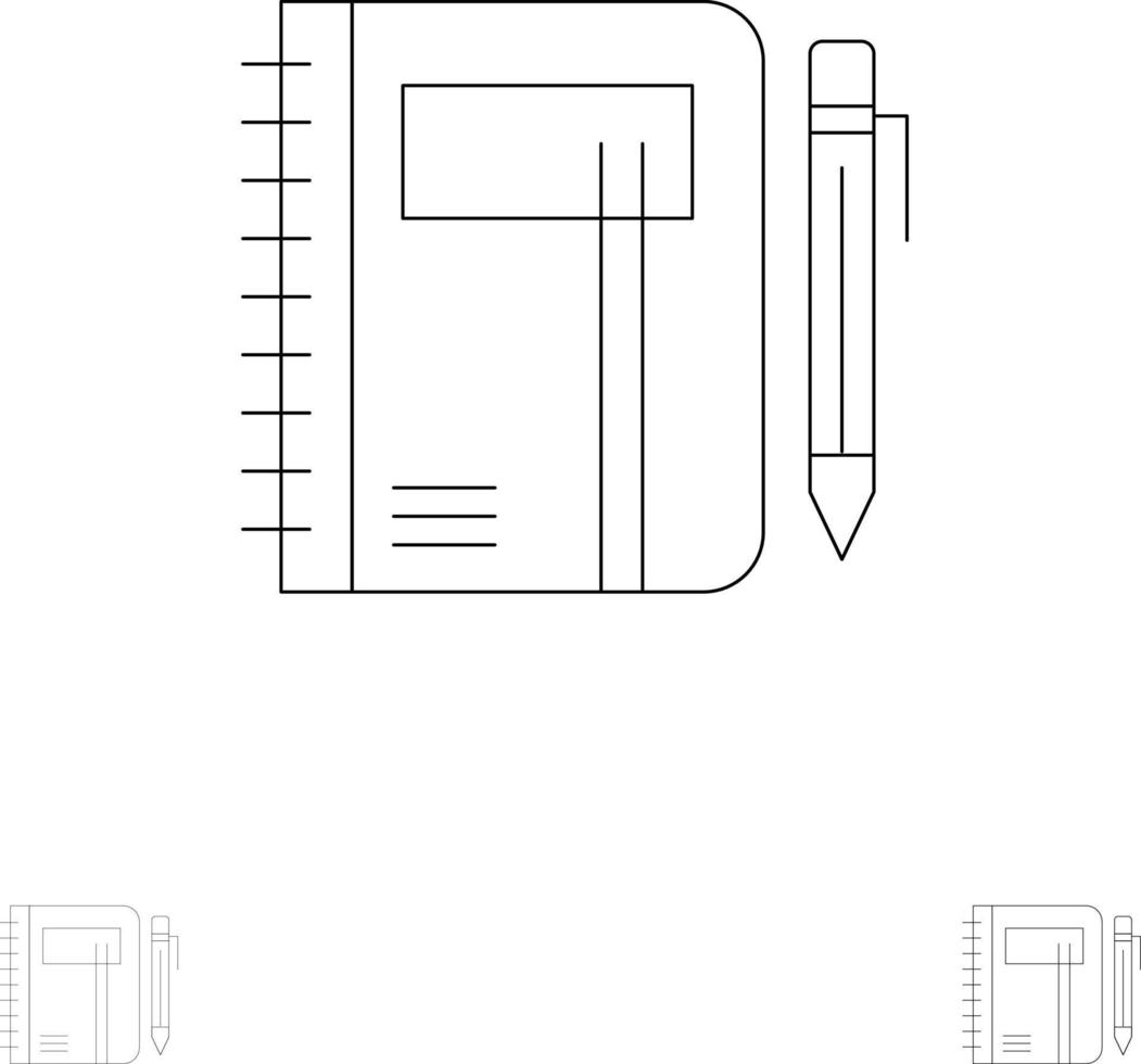 libro de trabajo nota de negocios bloc de notas pluma boceto conjunto de iconos de línea negra en negrita y delgada vector