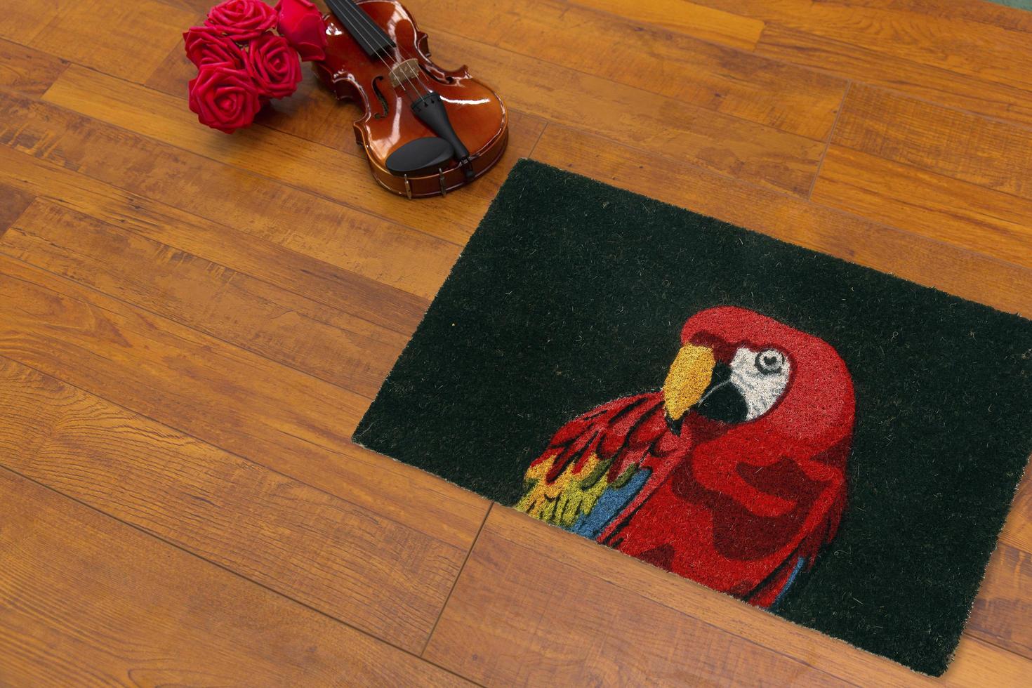 New Delhi, Delhi, IN, 2022 - Modern Black Red Parrot bird printed zute doormat placed with Guitar and Red Roses photo