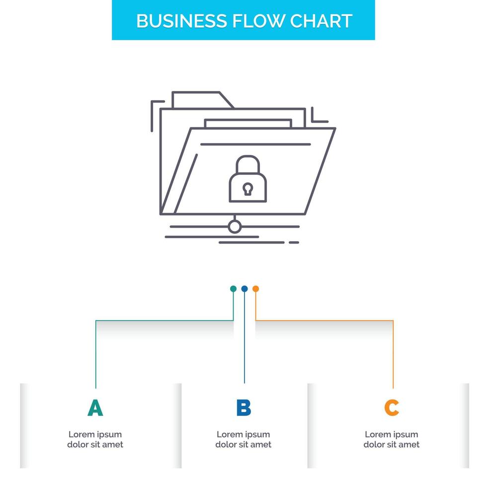 encryption. files. folder. network. secure Business Flow Chart Design with 3 Steps. Line Icon For Presentation Background Template Place for text vector