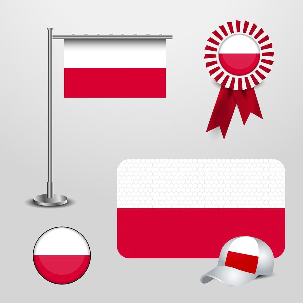 Poland Country Flag haning on pole. Ribbon Badge Banner. sports Hat and Round Button vector