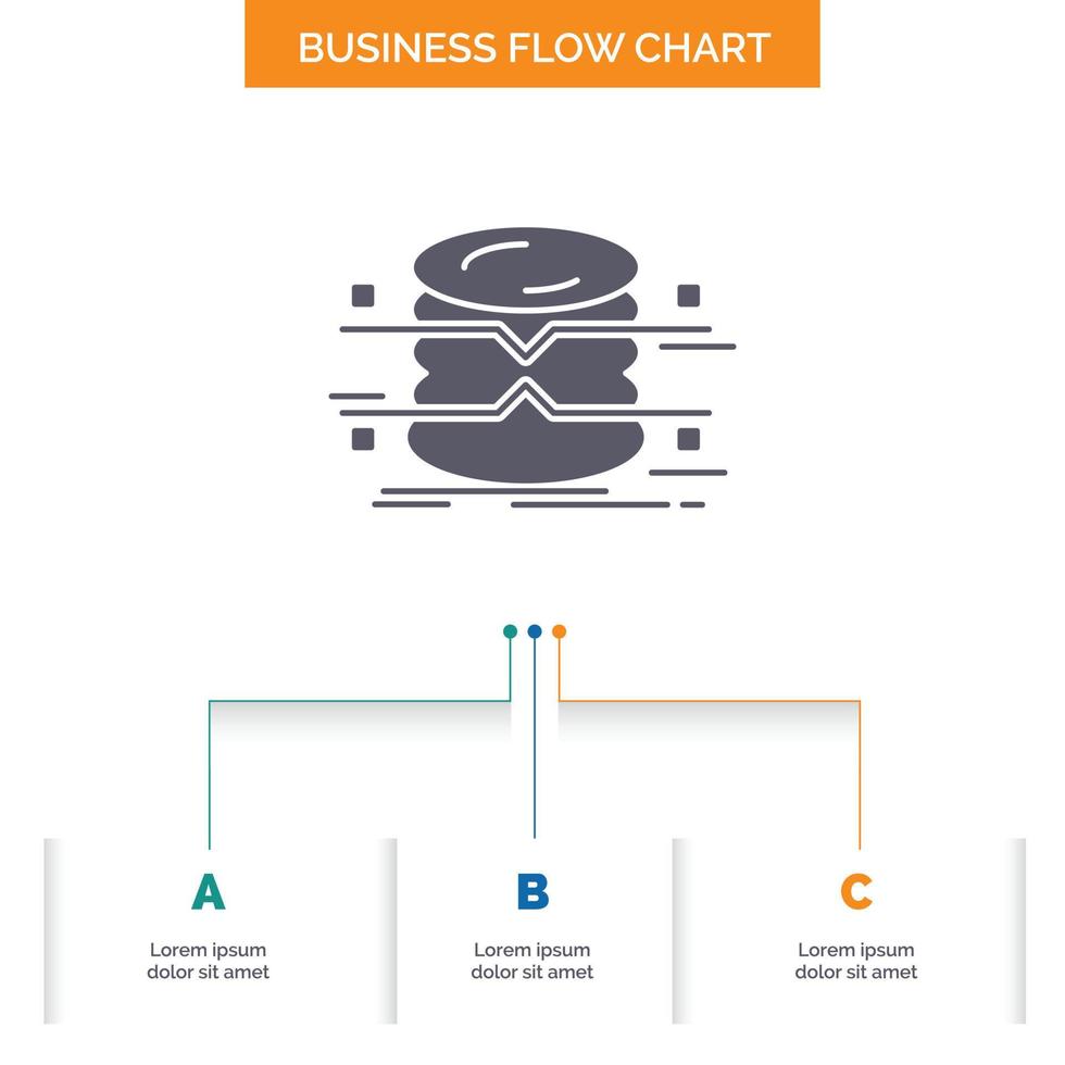 base de datos. datos. arquitectura. infografia monitorear el diseño de diagramas de flujo de negocios con 3 pasos. icono de glifo para el lugar de plantilla de fondo de presentación para texto. vector