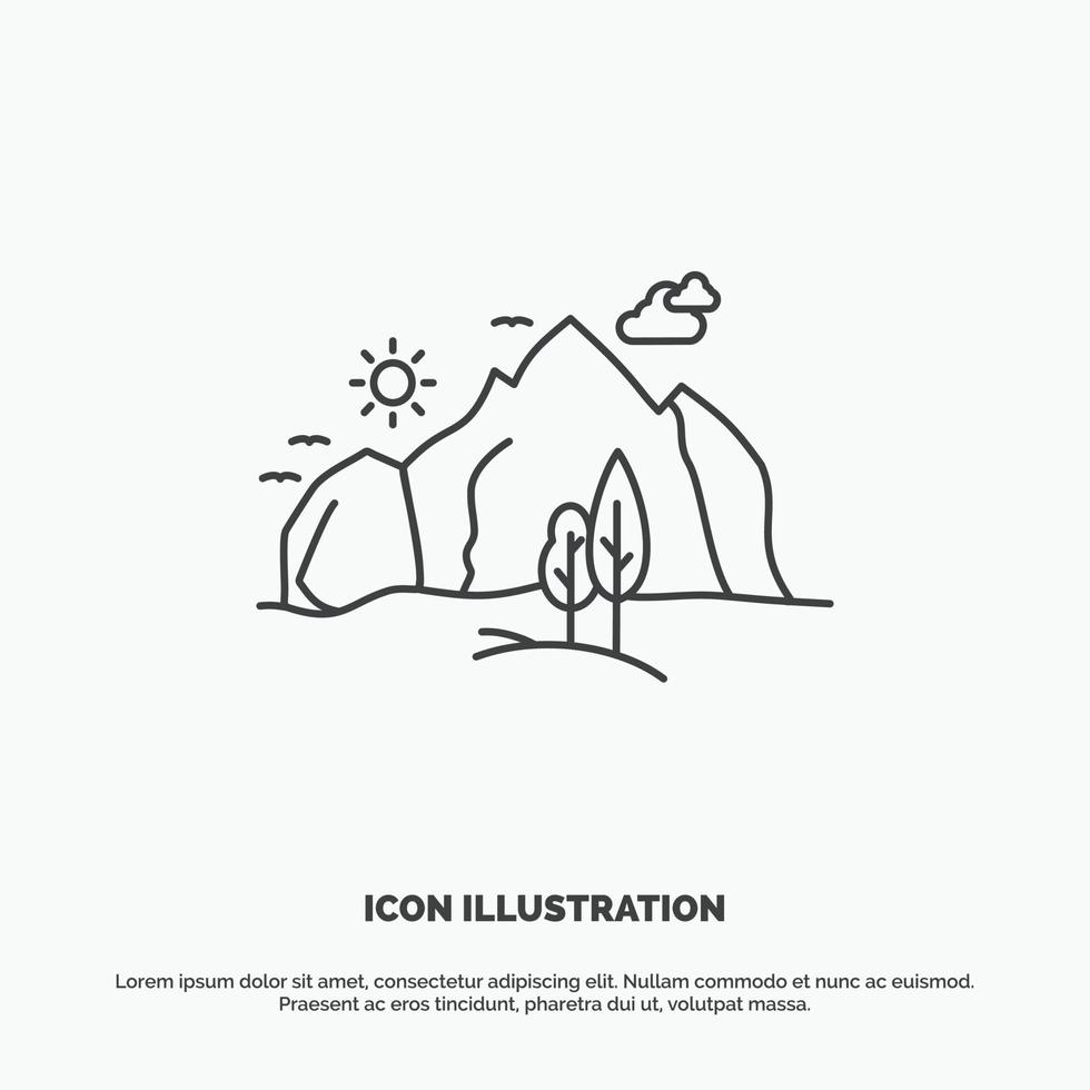 hill. landscape. nature. mountain. tree Icon. Line vector gray symbol for UI and UX. website or mobile application