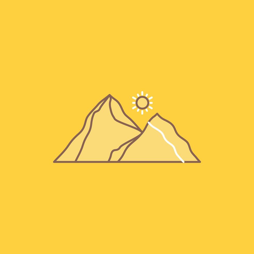 Cerro. paisaje. naturaleza. montaña. icono lleno de línea plana de escena. hermoso botón de logotipo sobre fondo amarillo para ui y ux. sitio web o aplicación móvil vector